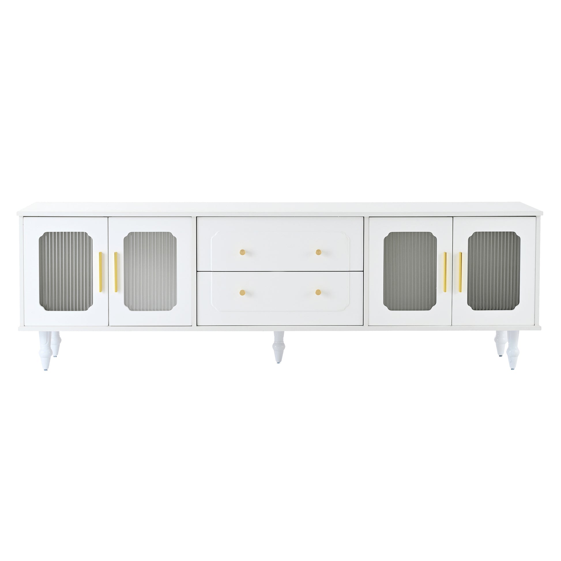 Retro Design Tv Stand With Fluted Glass Doors For Tvs Up To 78'', Practical Media Console With 2 Drawers And Cabinets, Elegant Entertainment Center For Living Room, White White Primary Living Space 70 79 Inches 70 79 Inches Particle Board