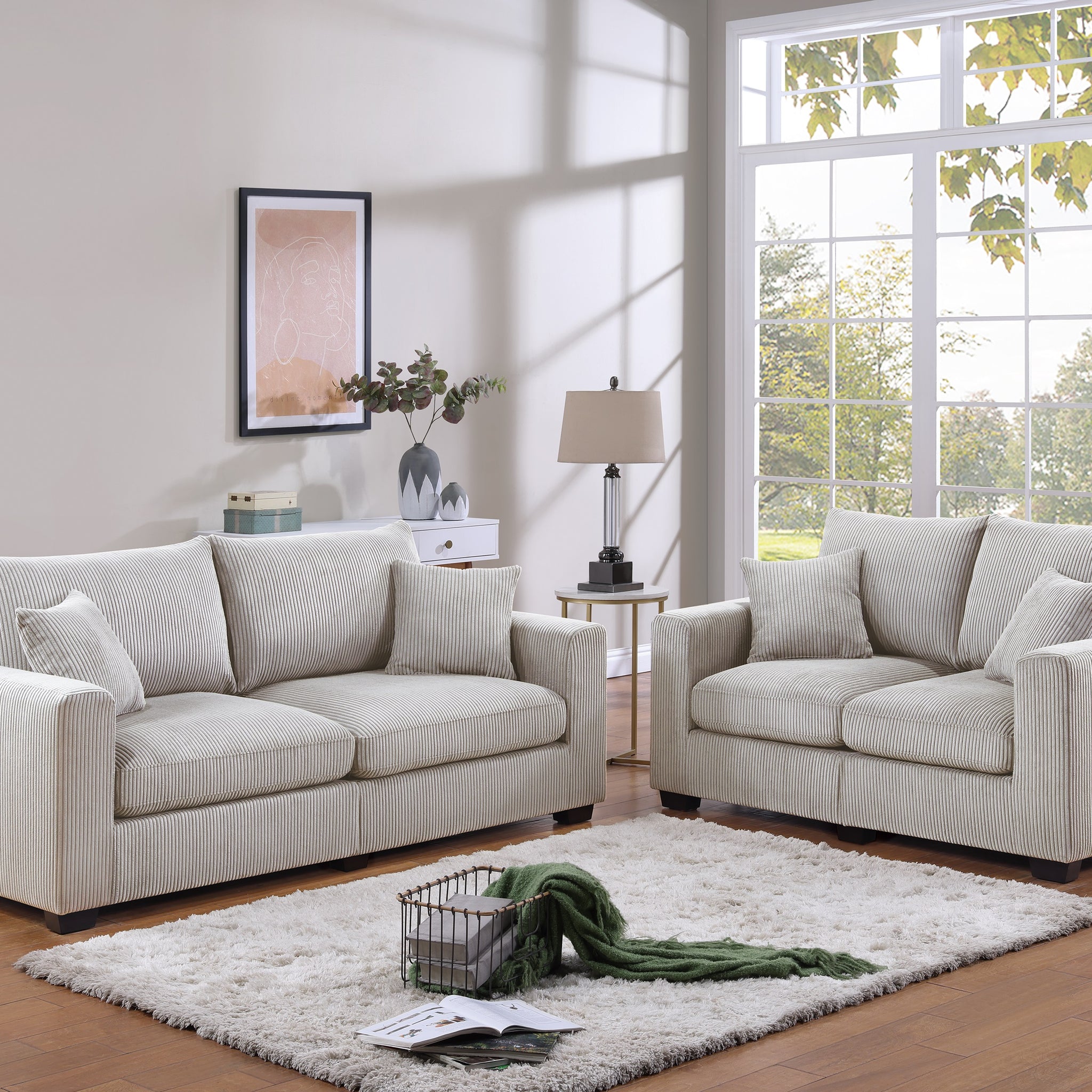 Classic Living Room 2Pc Sofa Set Ivory Corduroy Sofa And Loveseat W Pillows Square Arms Plush Couch Ivory Primary Living Space Cushion Back Classic,Contemporary,Modern Rubberwood Square Arms Corduroy 4 Seat