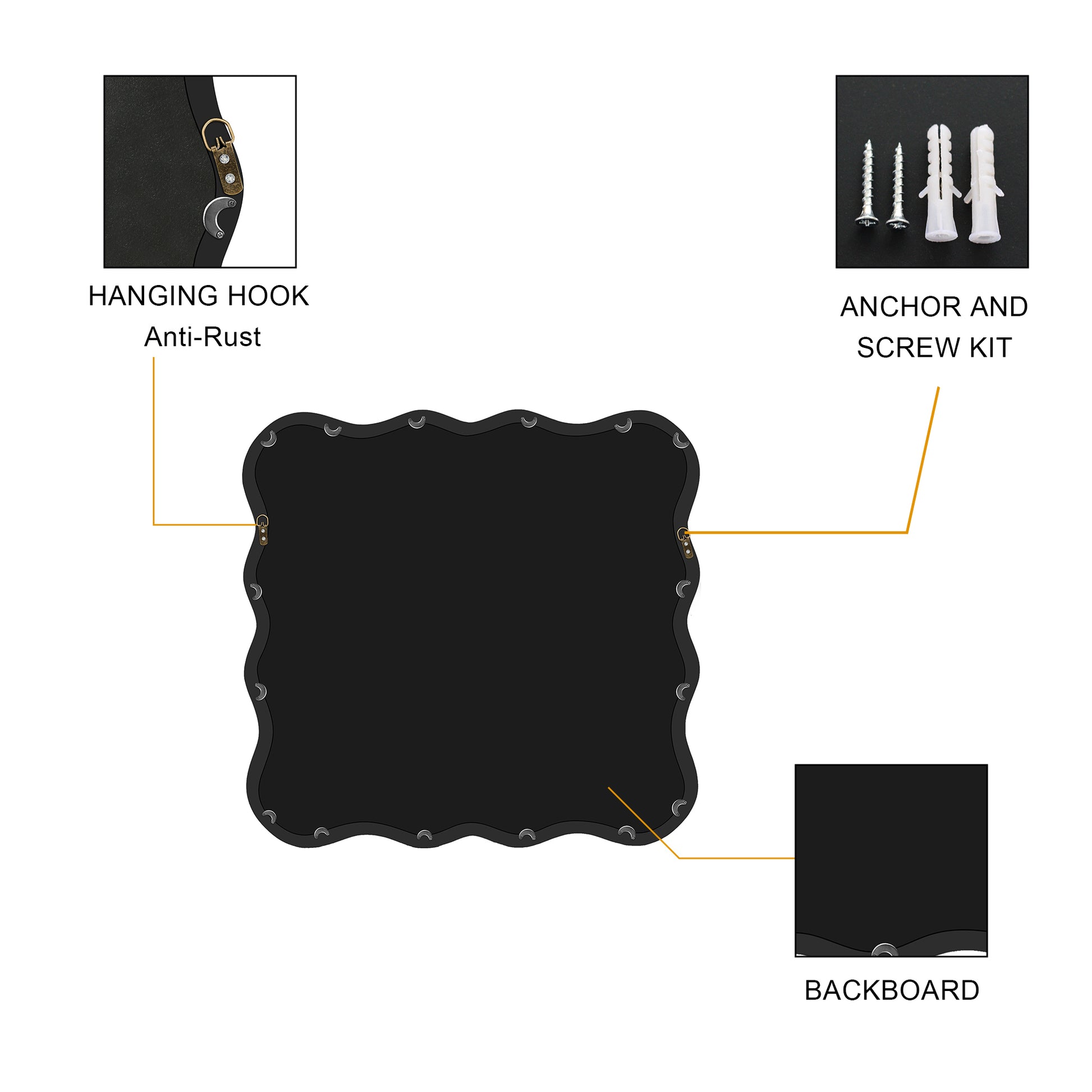 Solid Wood Wavy Square Mirror Black 36" X 36" Modern Mirror Wall Decor For Bathroom, Bedroom, Living Room, Dining Room, Cloakroom, Entryway Black Glass Solid Wood