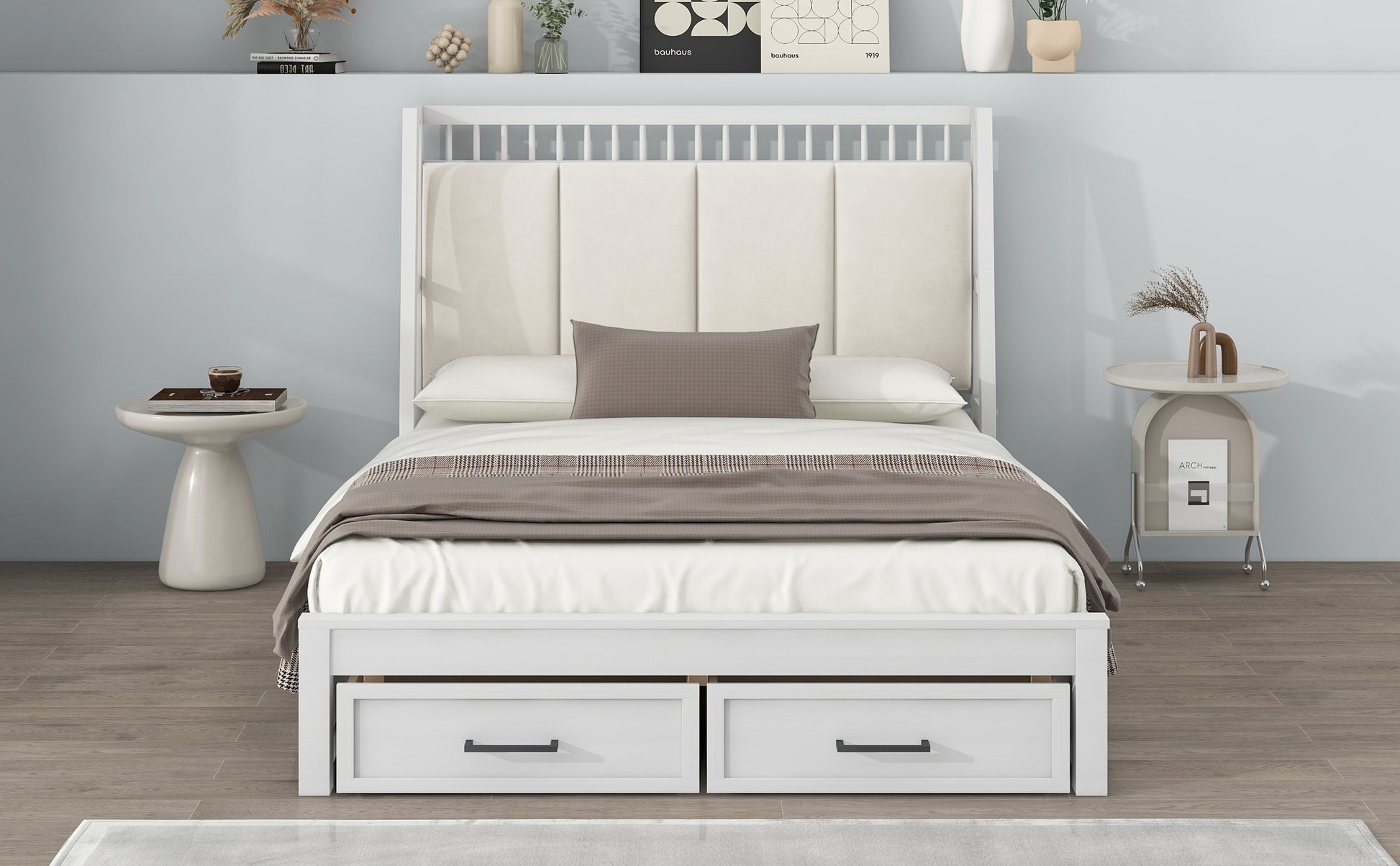Full Size Wood Platform Bed With Upholstered Headboard And 2 Drawers, White Box Spring Not Required Full White Wood Bed Frame Solid Wood Mdf