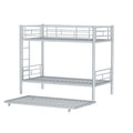 Heavy Duty Sturdy Meta Twin Over Twin With Trundle Bunk Bed L Noise Reduced Safety Guardrail No Box Spring Needed,Gray Silver Twin Gray Silver Metal
