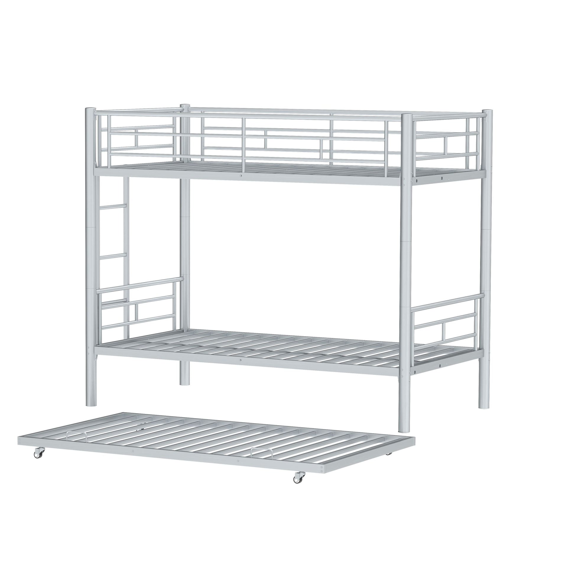 Heavy Duty Sturdy Meta Twin Over Twin With Trundle Bunk Bed L Noise Reduced Safety Guardrail No Box Spring Needed,Gray Silver Twin Gray Silver Metal