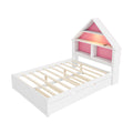 Full Size House Shaped Bed With Bookcase Headboard And Led Light And Twin Size Trundle For Kids Boys Girls, Pink White Box Spring Not Required Full White Pink Wood Bedroom Cute Bed Frame Wood