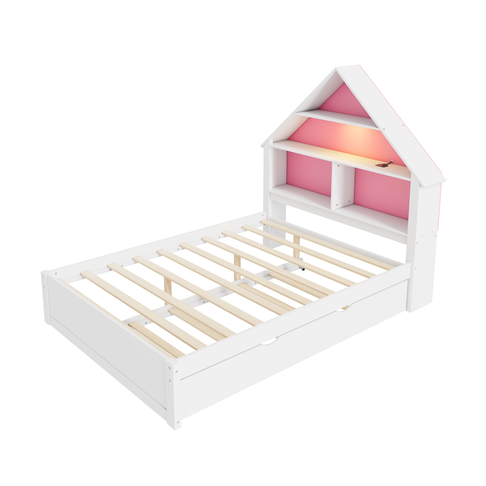Full Size House Shaped Bed With Bookcase Headboard And Led Light And Twin Size Trundle For Kids Boys Girls, Pink White Box Spring Not Required Full White Pink Wood Bedroom Cute Bed Frame Wood
