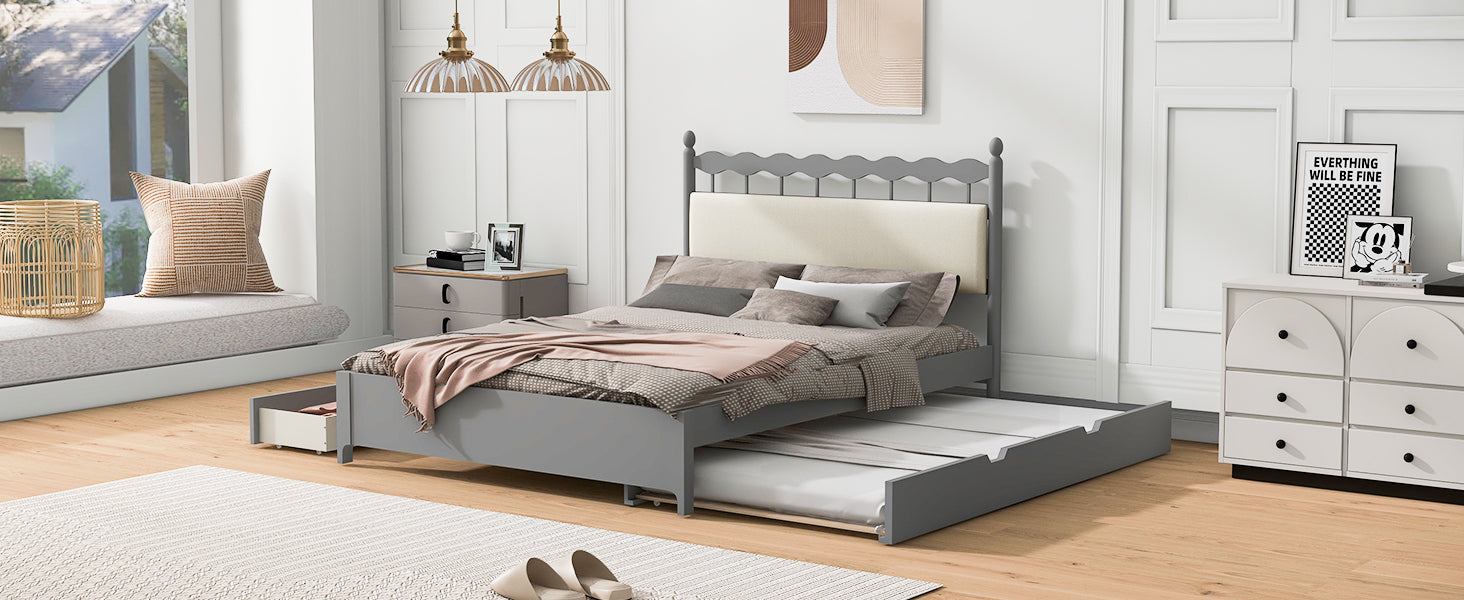Queen Size Wooden Storage Platform Bed, With 2 Big Drawers, T Size Trundle, Gray Queen Gray Plywood
