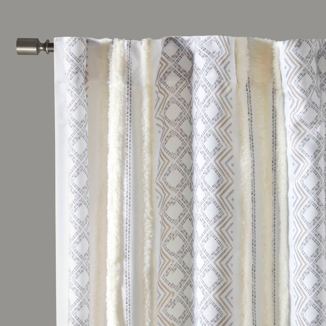 2Pk Poly Printed Curtain Panel With Tufted Stripe White Taupe 2 Pk 50X95" Multicolor Polyester
