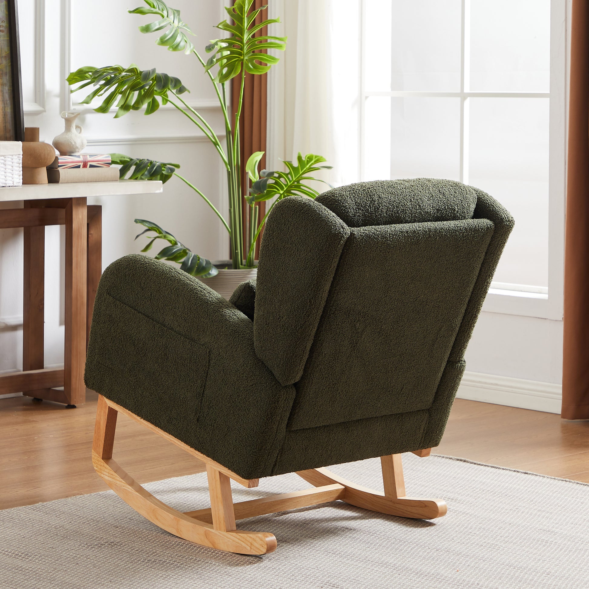 27.2"W Modern Accent High Backrest Living Room Lounge Arm Rocking Chair, Two Side Pocket Army Green Foam Fabric