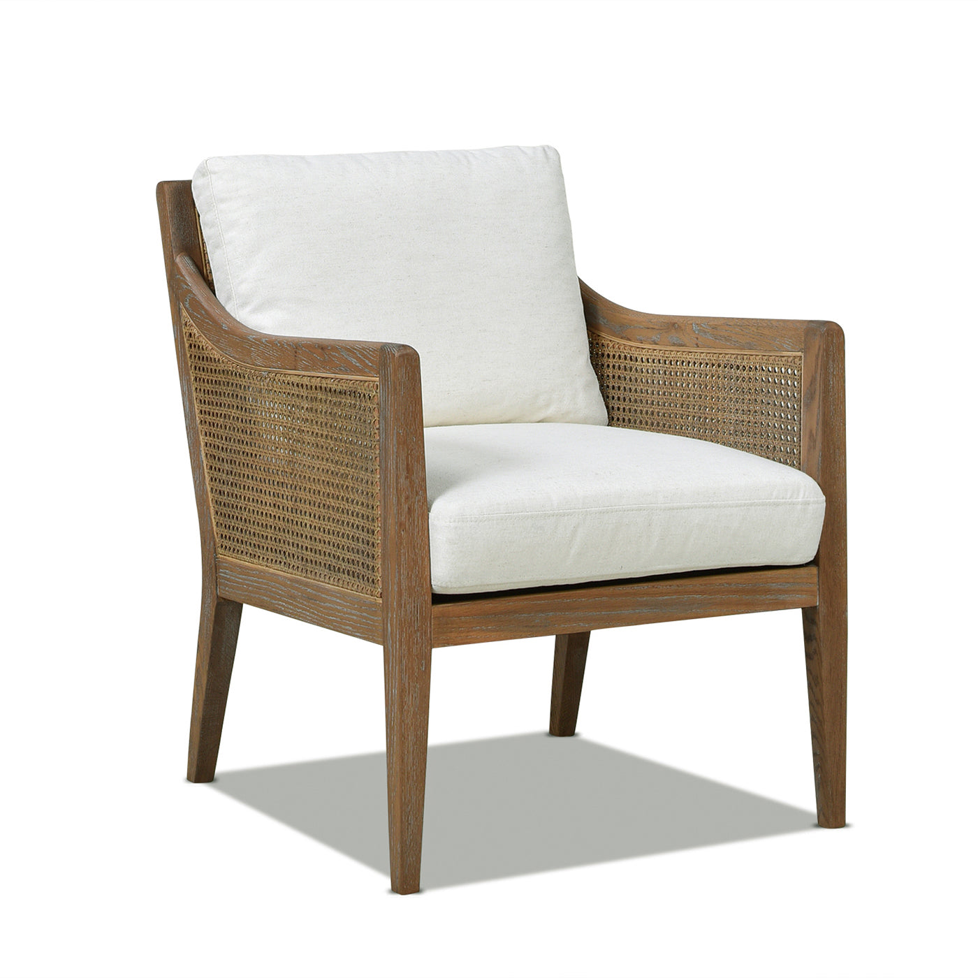 Ontario 24.5" Oak & Rattan Upholstered Accent Arm Chair, Natural White Linen White Foam Wood Fabric Rattan