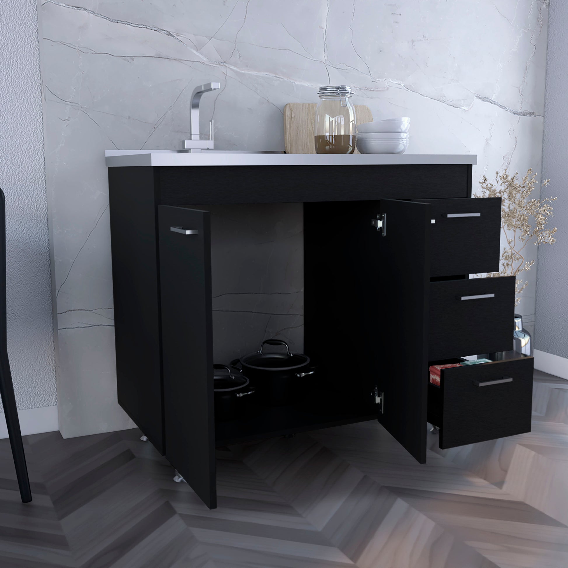 Base Double Door Cabinet, Three Drawers, Black Black Solid Wood Mdf Engineered Wood