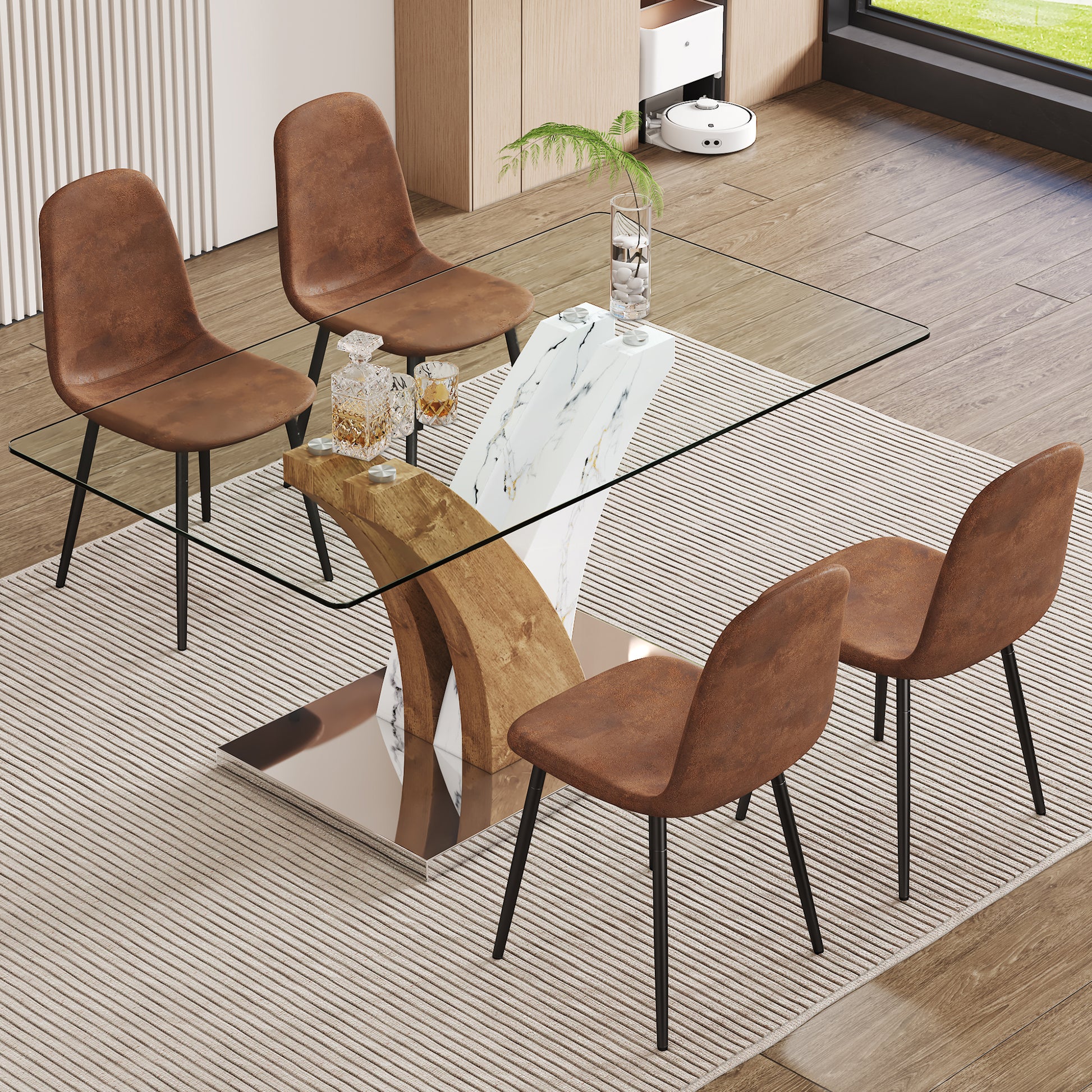 Table And Chair Set.Modern Dining Table, Tempered Glass Countertop With Artistic Mdf Legs.Paried With 4 Brown Chairs With Soft Linen Fabric Cushions And Black Metal Legs.Suitable For Various Styles. Black Brown,Transparent Seats 4 Mdf Metal