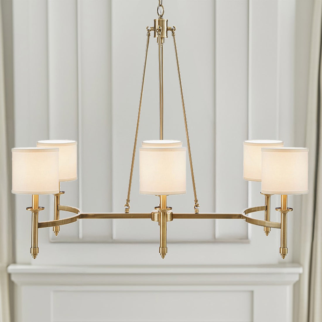 6 Light Chandelier With Fabric Drum Shades Antique Gold See Below Antique Gold Iron