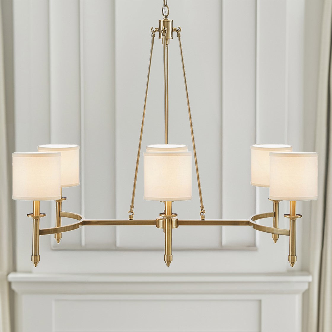 6 Light Chandelier With Fabric Drum Shades Antique Gold See Below Antique Gold Iron