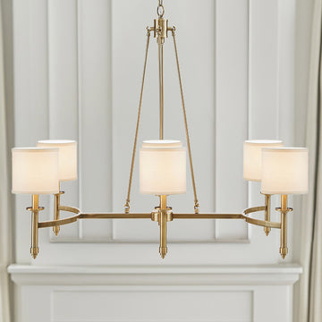 6 Light Chandelier With Fabric Drum Shades Antique Gold See Below Antique Gold Iron