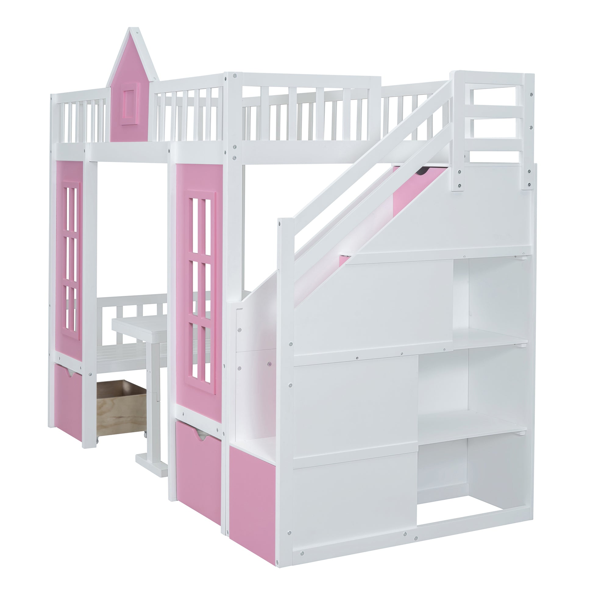Twin Over Twin Bunk Bed With Changeable Table, Bunk Bed Turn Into Upper Bed And Down Desk Pink Twin Pink Solid Wood