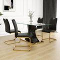 Modern Style Glass Dining Table, Elegant Transparent Design, Solid Support Base, Black Dining Chair Set, Gold Plated Chair Legs, Suitable For Restaurant Kitchen Use Set Of 5 Black Gold Seats 4 Mdf Glass