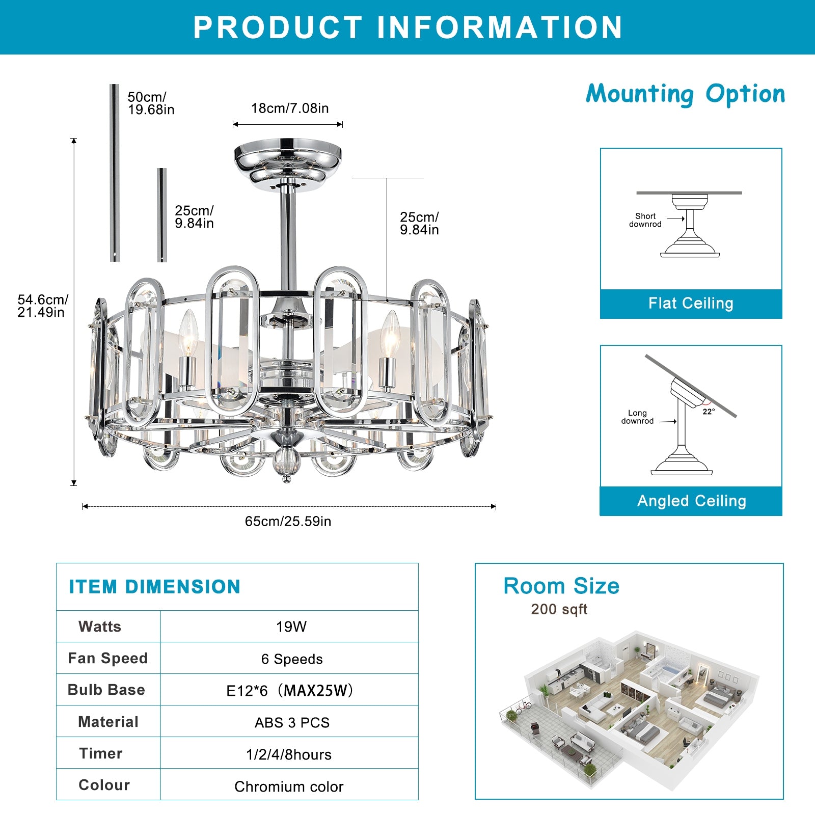 Dia 26 Inch Crystal Chandelier Ceiling Fan Vintage Fandelier Flush Mounted Invisible For Bedroom Dining Room Living Room Kitchen Farmhouse Entry, Chrome Chrome American Design,American Traditional,Retro,Traditional,Vintage Crystal Iron