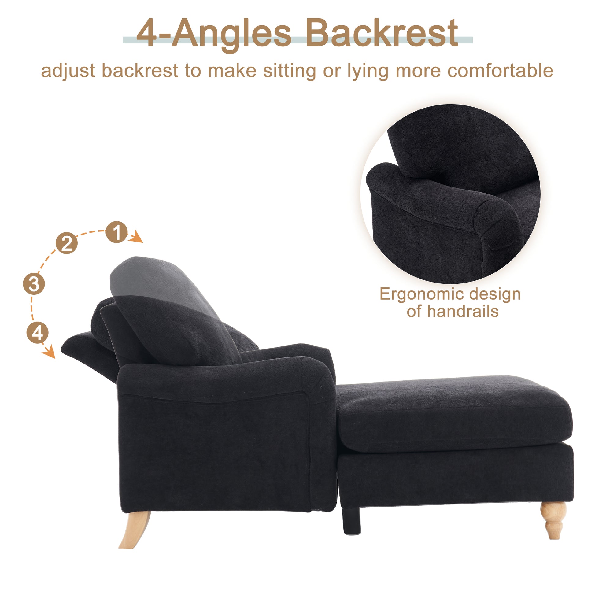 Modern Mid Century Indoor Oversized Chaise Lounger Comfort Sleeper Sofa With Soild Wood Legs Black Foam 1 Seat