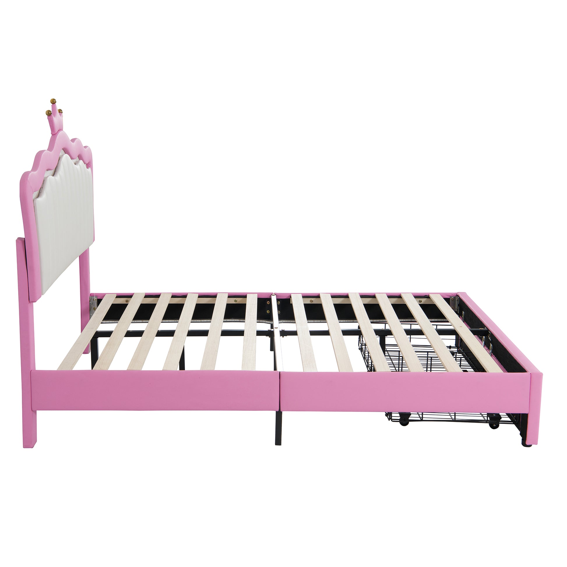 Full Size Upholstered Bed Frame With Led Lights, Modern Upholstered Princess Bed With Crown Headboard, 2 Drawers, Pink White Box Spring Not Required Full Pink White Wood Bathroom Modern Bed Frame Pu