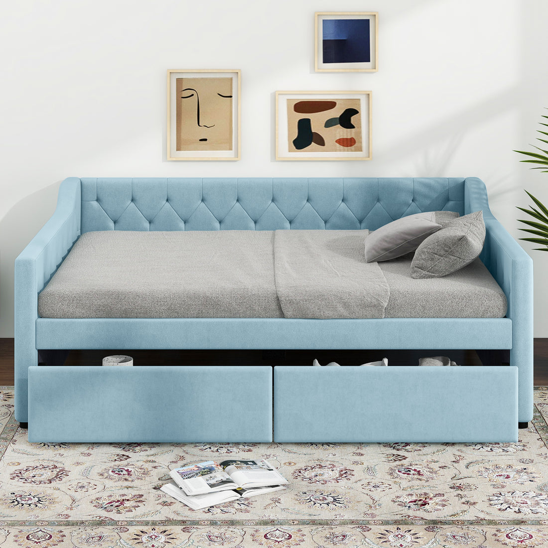 Full Size Upholstered Tufted Daybed With 2 Drawers, Blue Box Spring Not Required Full Blue Wood Daybeds Velvet Upholstered