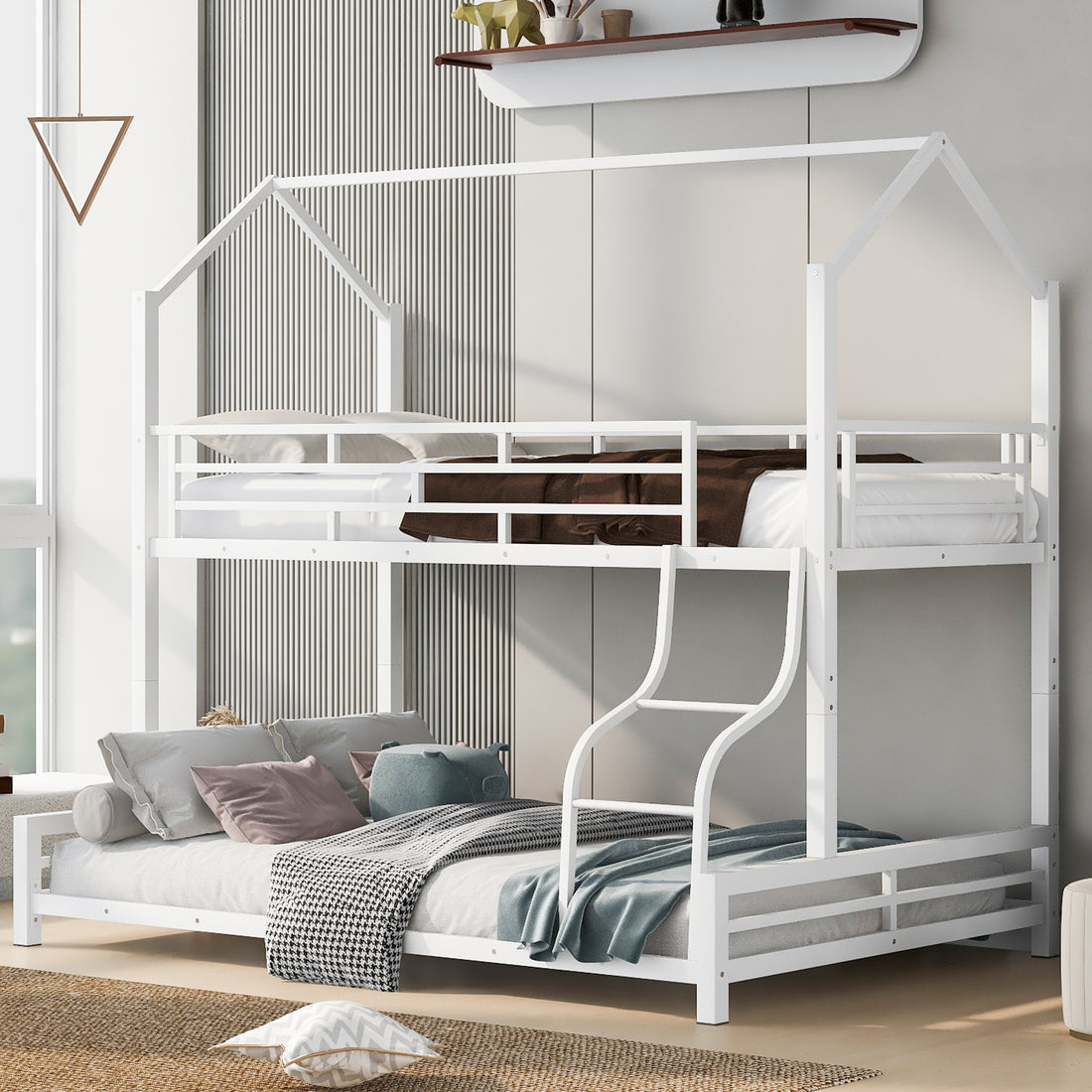 Metal House Bunk Bed, Twin Over Full, White Full White Metal