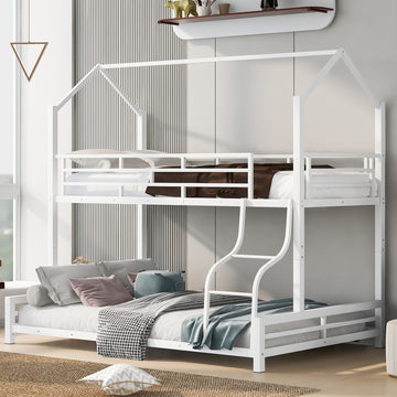Metal House Bunk Bed, Twin Over Full, White Full White Metal