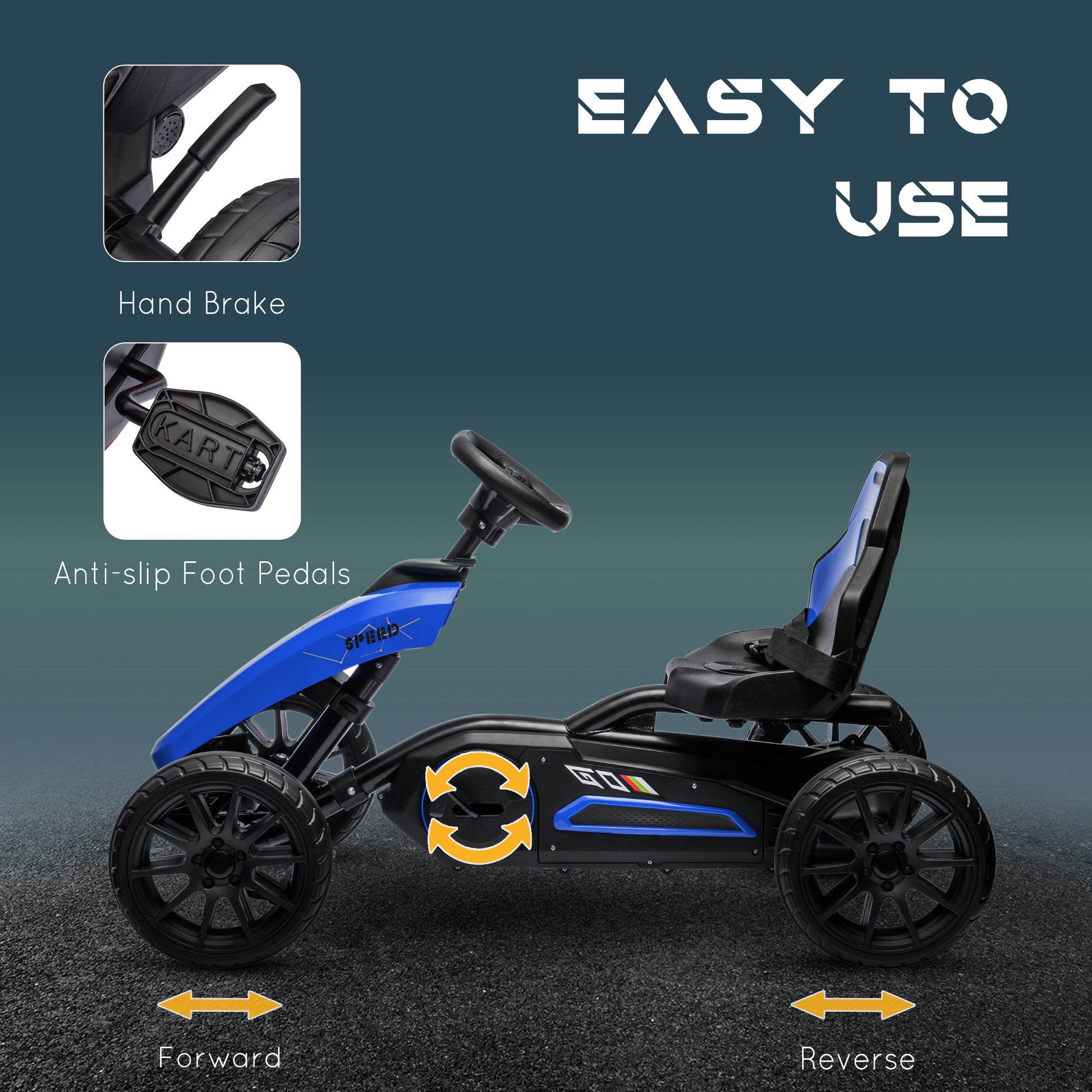 Aosom Kids Pedal Go Kart, Outdoor Ride On Toys With Swing Axle, Adjustable Seat, Handbrake, 4 Shock Absorbing Wheels, Gift For Boys And Girls Aged 3 8 Years Old, Blue Blue Plastic