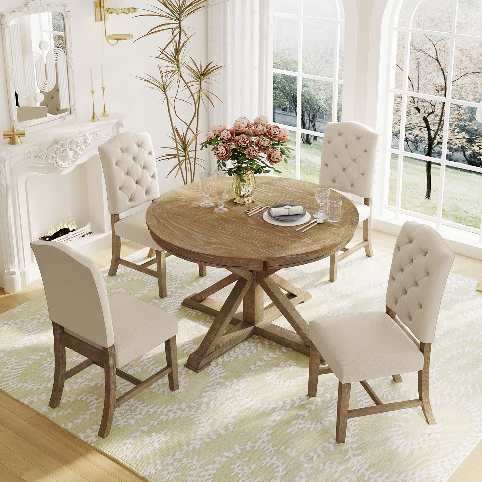 Functional Furniture Retro Style Dining Table Set With Extendable Table And 4 Upholstered Chairs For Dining Room And Living Room Natural Wood Wash Natural Wood Wash Solid Wood