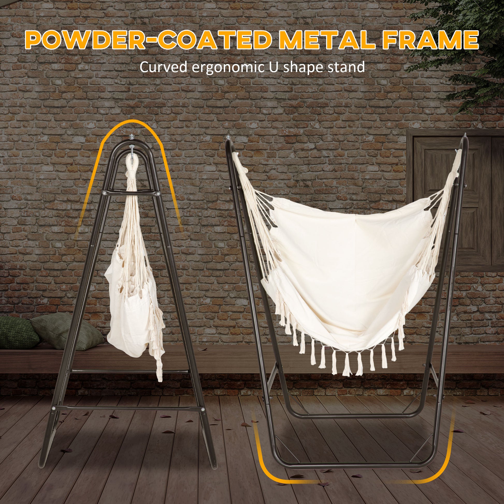 Outsunny Patio Hammock Chair With U Shape Stand, Outdoor Hammock Swing Hanging Lounge Chair With Side Pocket, Brown Cream White White Steel
