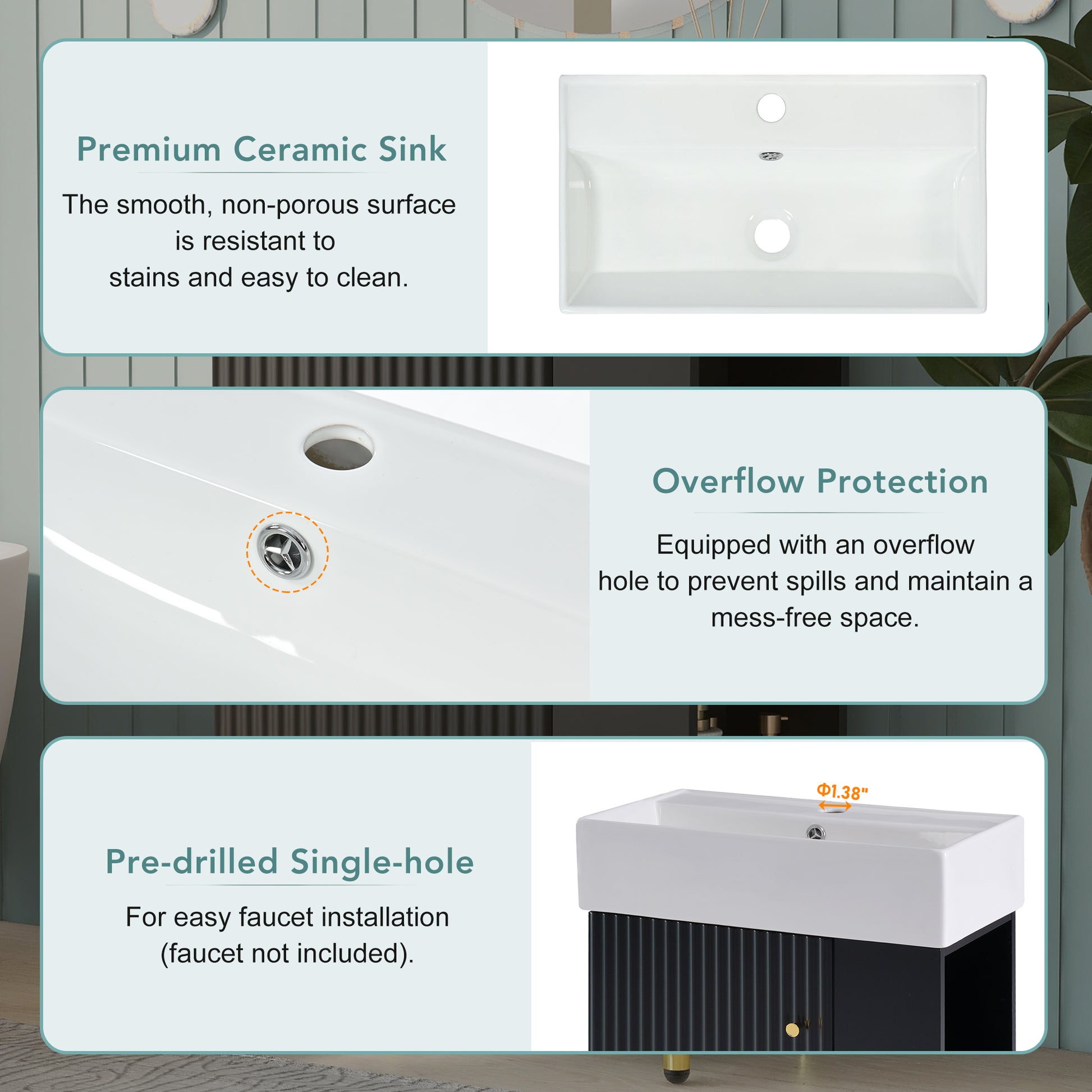 21.6" Black Bathroom Vanity, Combo Cabinet, Bathroom Storage Cabinet, Single Ceramic Sink, Right Side Storage Black Bathroom Ceramic Mdf