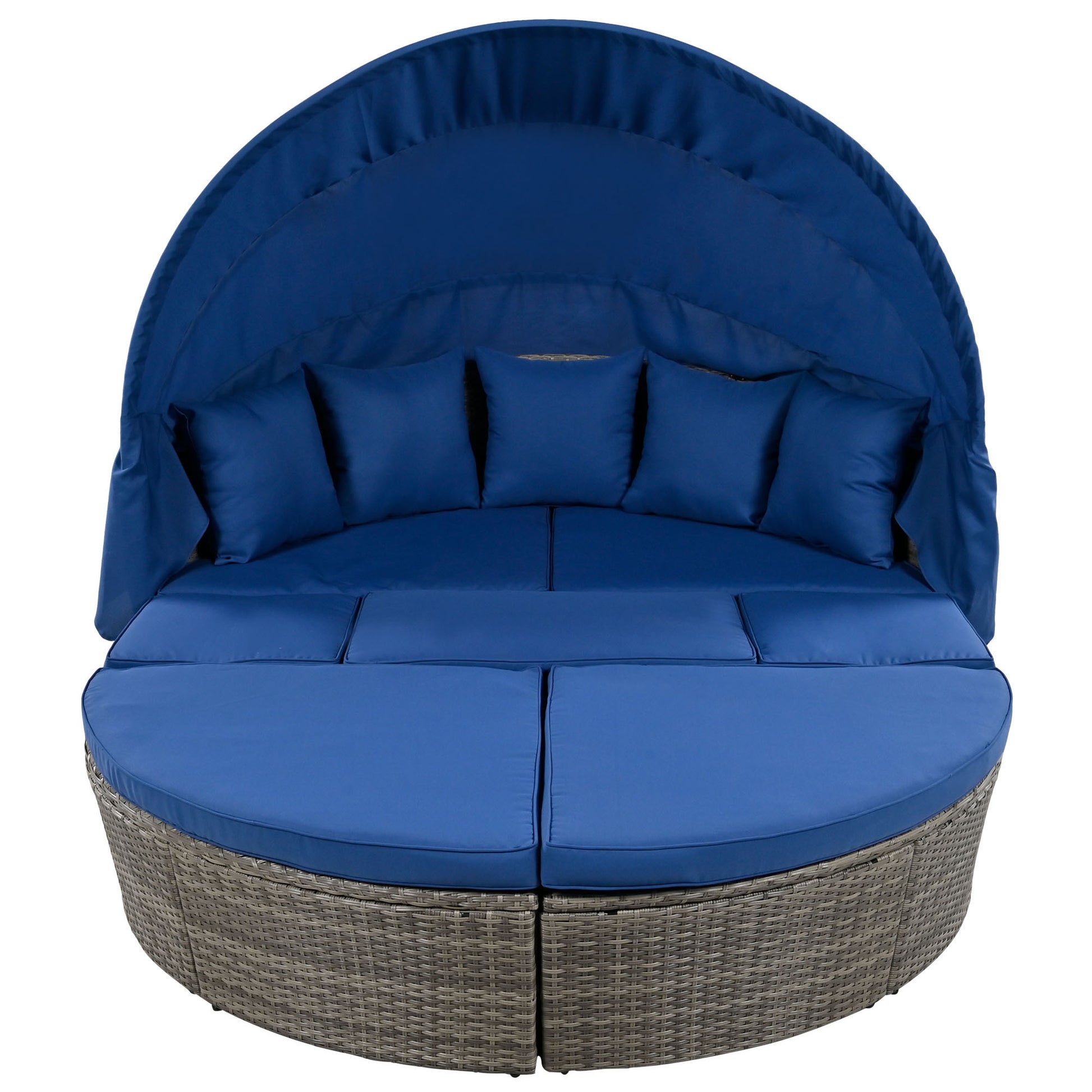Outdoor Rattan Daybed Sunbed With Retractable Canopy Wicker Furniture, Round Outdoor Sectional Sofa Set, Gray Wicker Furniture Clamshell Seating With Washable Cushions, Backyard, Porch, Blue Yes Blue Seats 8 Garden & Outdoor Foam Wicker