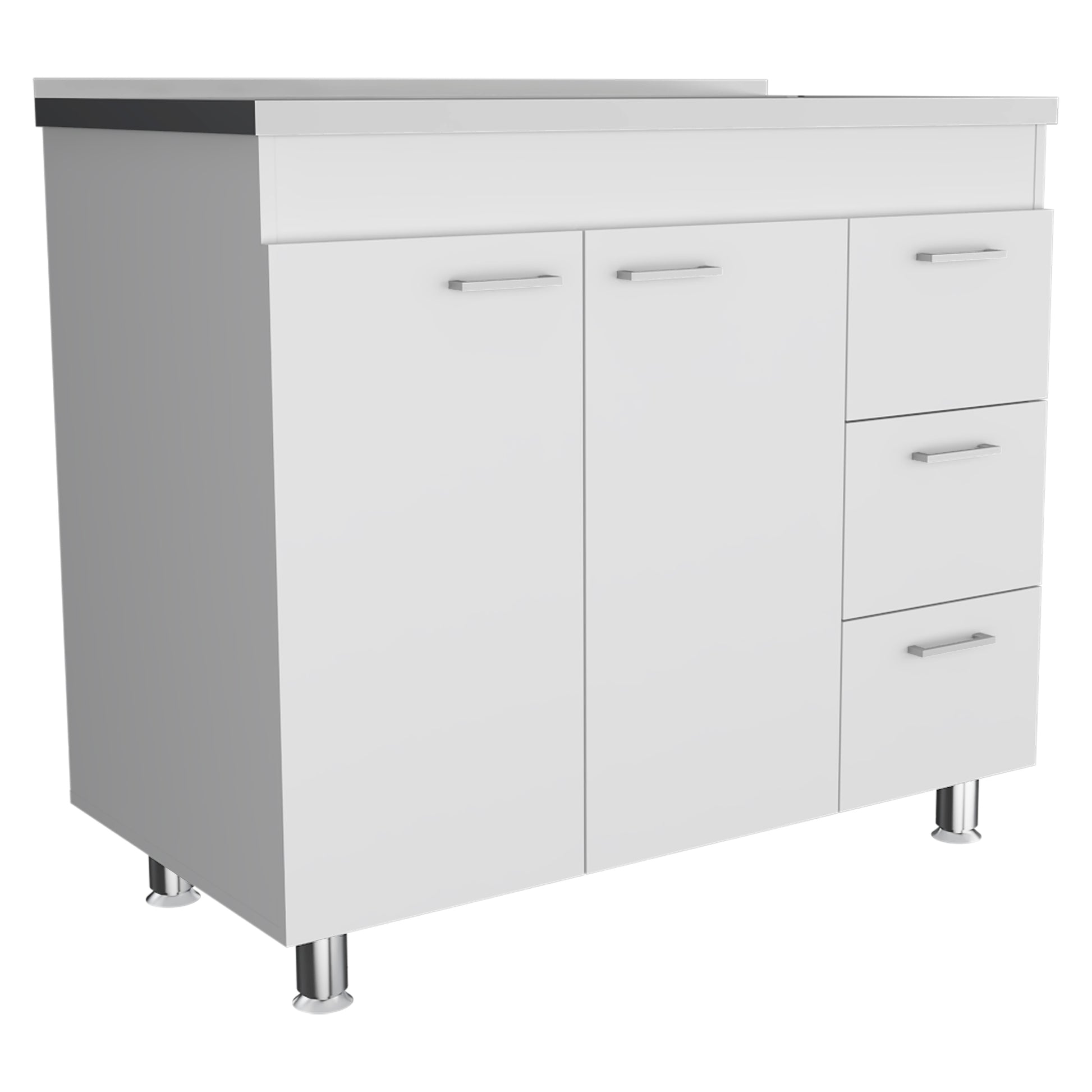 Base Double Door Cabinet, Three Drawers, White White Solid Wood Mdf Engineered Wood