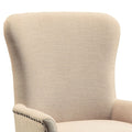 Wooden Arm Chair With Wing Back And Trims, Beige And Brown Beige Brown Wood Fabric