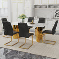 Table And Chair Set.The Table Has A Glass Tabletop With Imitation Marble Pattern Stickers And Stainless Steel Golden Table Legs. Paried With Comfortable Chairs With Pu Seats And Metal Legs. White Gold Seats 6 Glass Metal