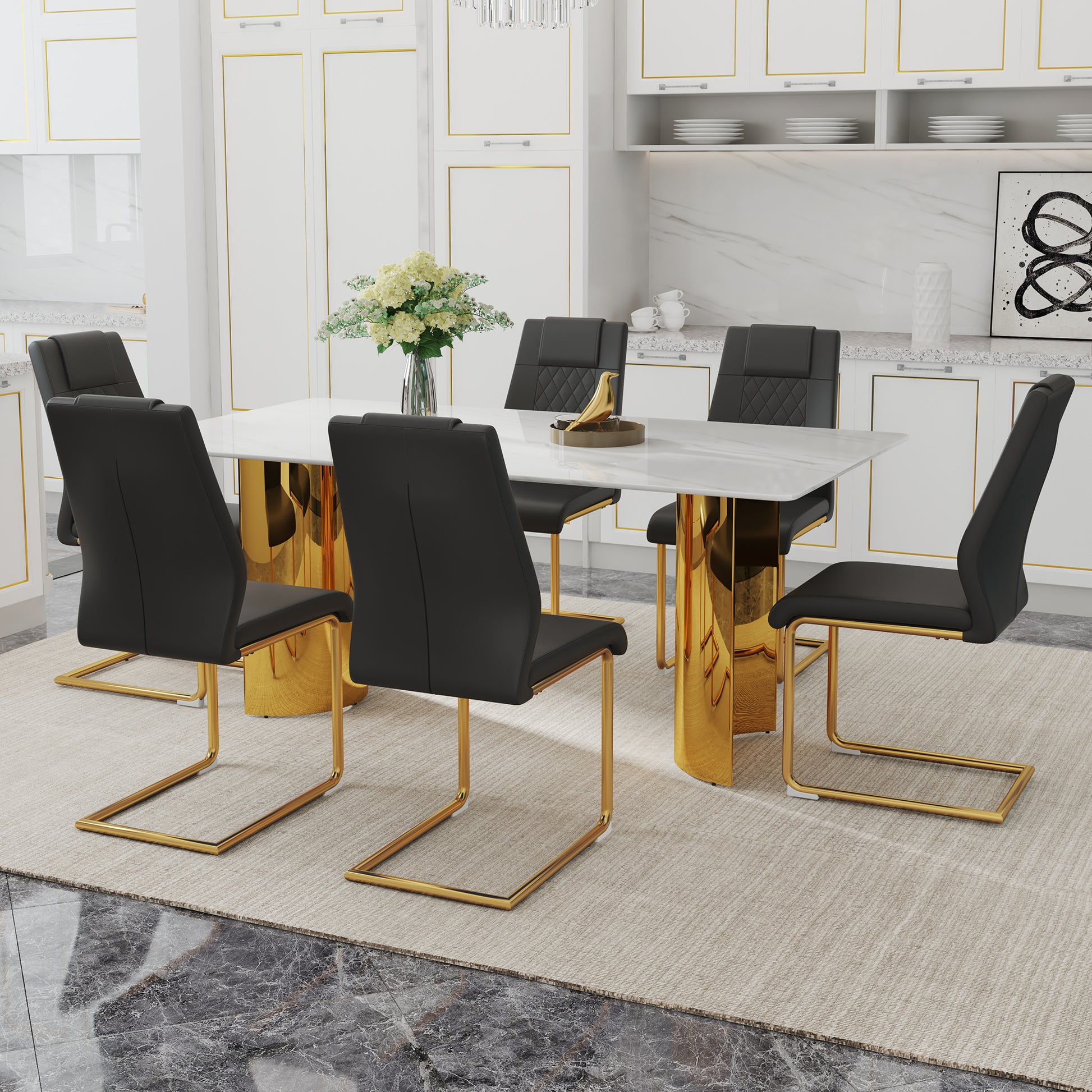 Table And Chair Set.The Table Has A Glass Tabletop With Imitation Marble Pattern Stickers And Stainless Steel Golden Table Legs. Paried With Comfortable Chairs With Pu Seats And Metal Legs. White Gold Seats 6 Glass Metal