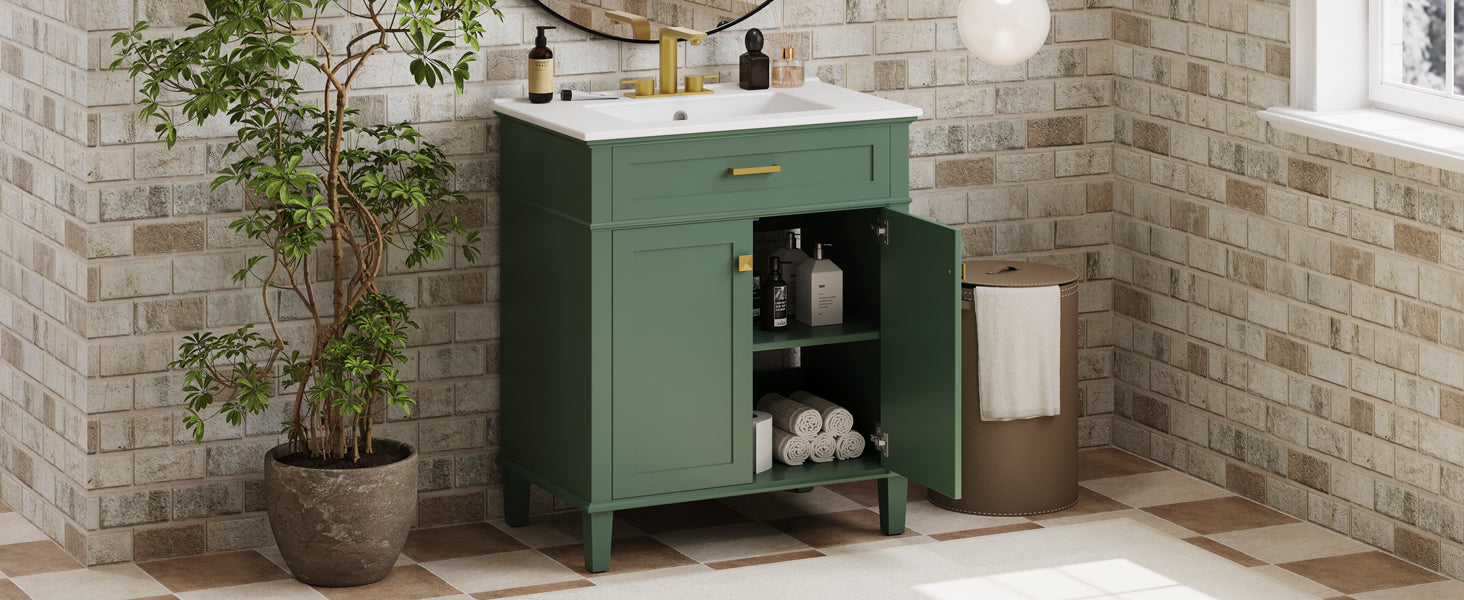 30 Inch Bathroom Vanity With Ceramic Basin, Soft Close Door And Adjustable Shelves Green Bathroom Solid Wood Mdf
