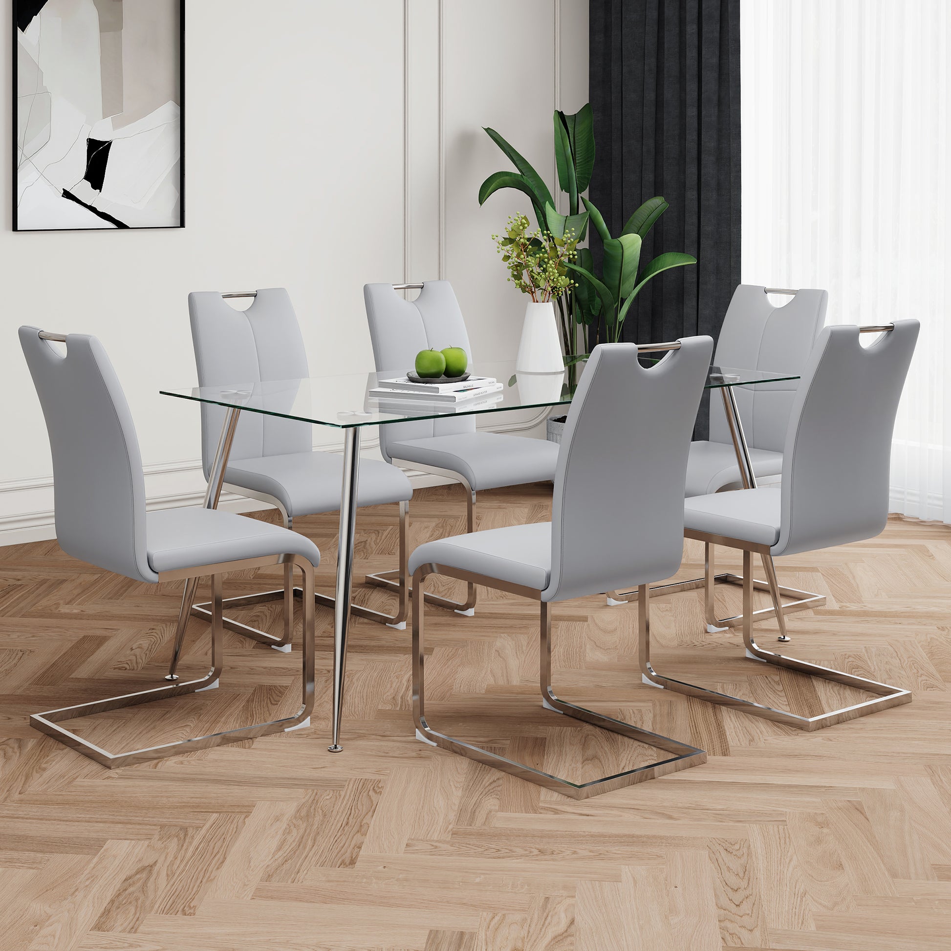 Modern Simple Rectangular Glass Dining Table, Solid Tempered Glass Tabletop, Electroplated Table Legs, Gray Pu Dining Chair Set, Suitable For Restaurant Kitchen Use Set Of 7 Upholstered Chair Glass Gray Pu Seats 6 Metal Rectangular Dining Table With