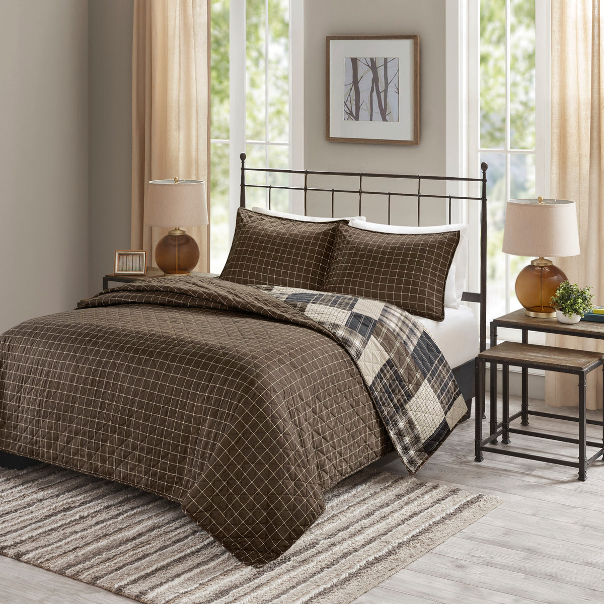 3 Piece Reversible Printed Quilt Set Black Brown Full Queen Black Brown Microfiber