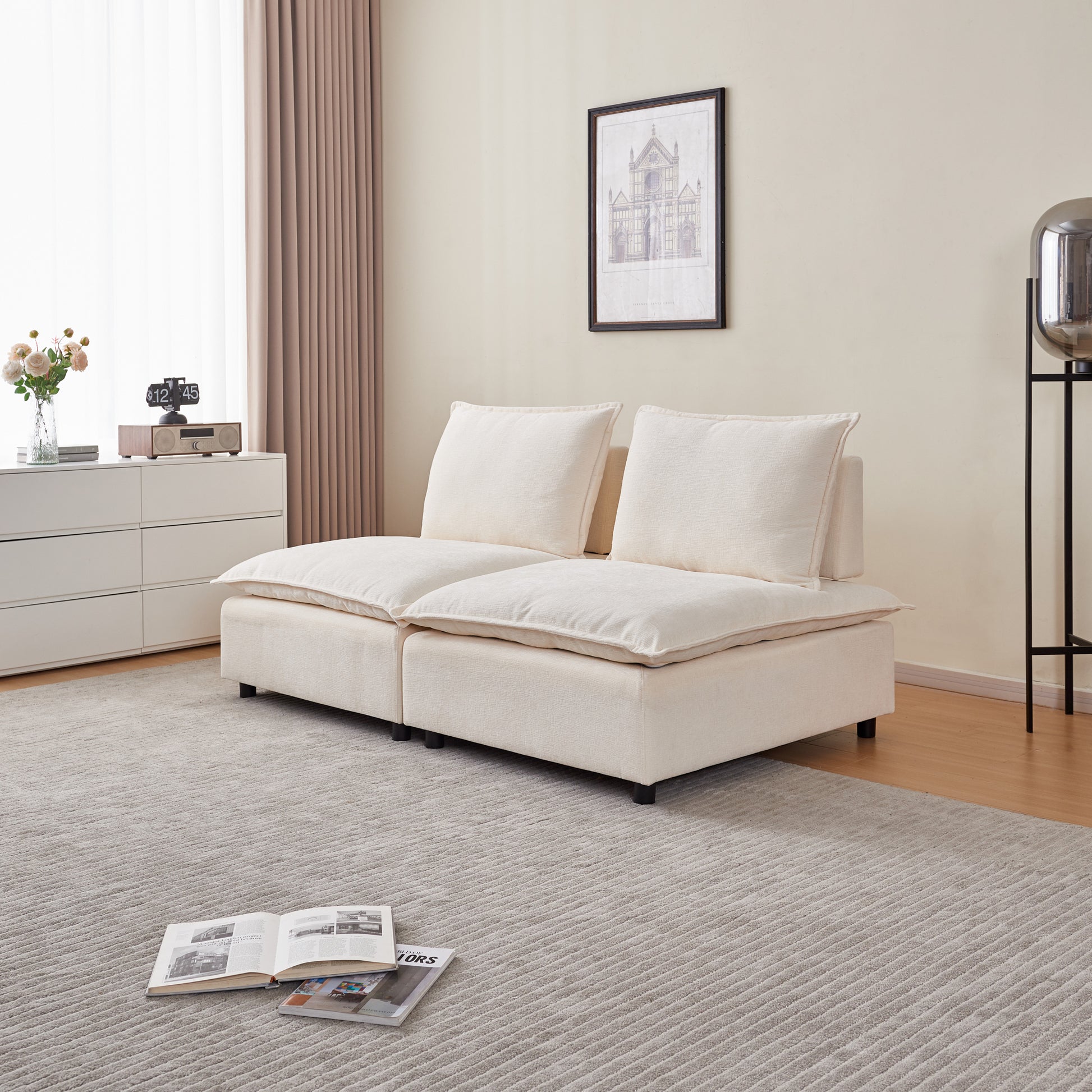 Modern Armless Accent Chair, Single Sofa Couch With Ottoman Compact Design, Space Saving Seating For Living Room, Bedroom, Apartment, Office Beige Wood Medium Soft Foam Chenille 1 Seat