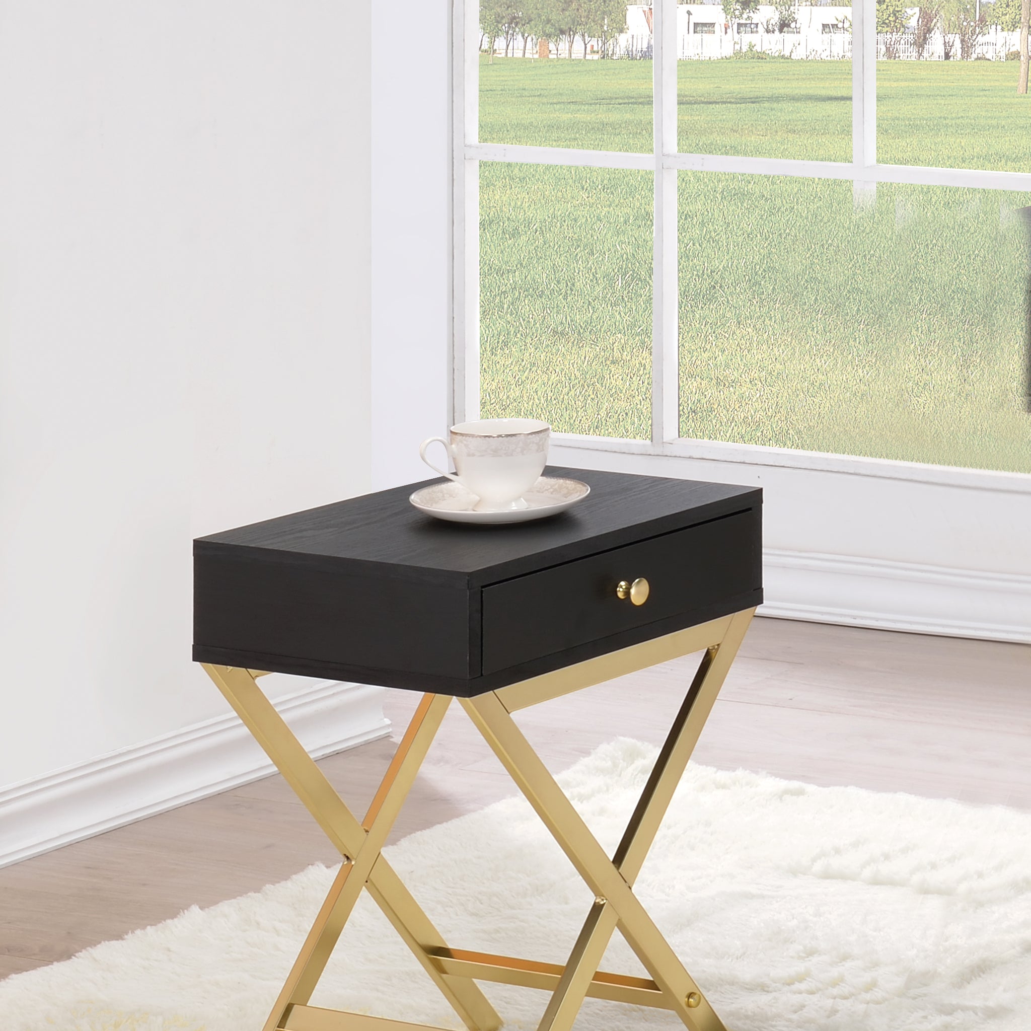 Coleen Black & Brass Finish Accent Table Black Metal,Pvc
