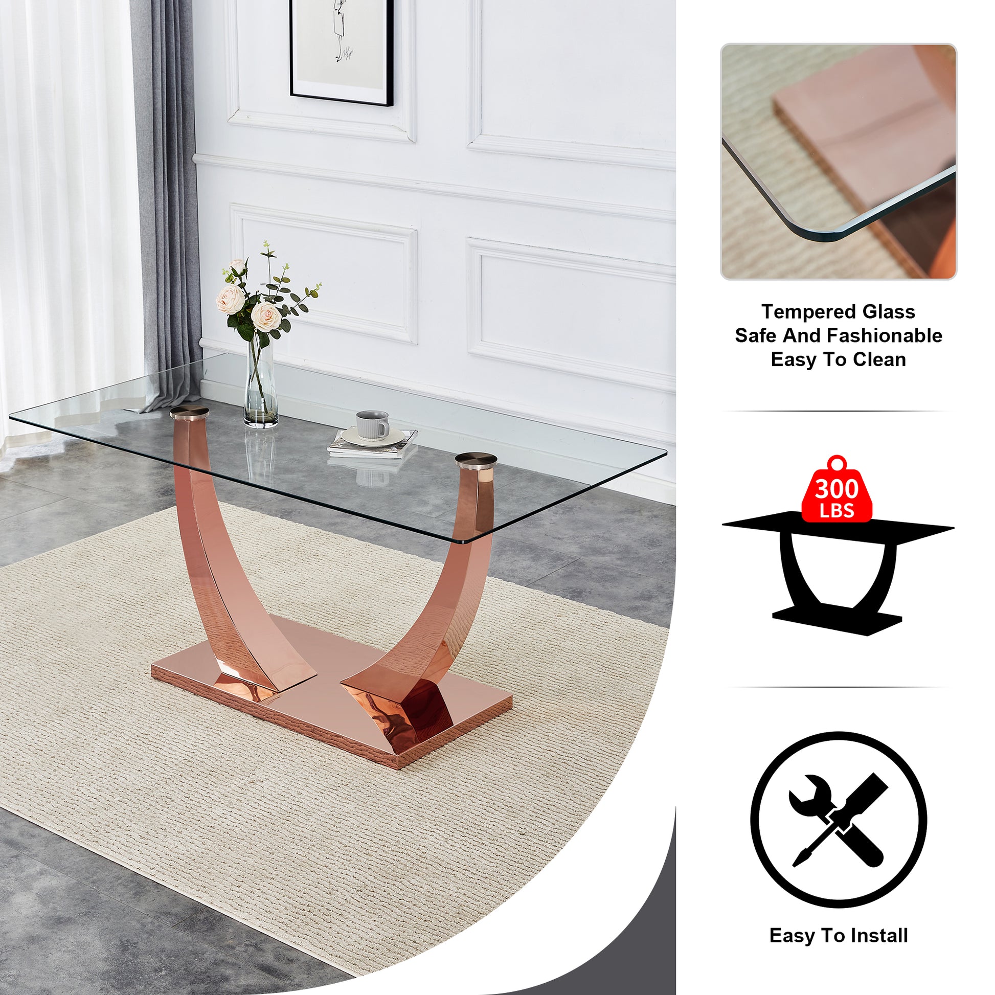 Modern Minimalist Rectangular Glass Dining Table, 0.4 "Thick, Tempered Glass Tabletop, Rose Gold Colored Legs. Used In Kitchen, Dining Room, And Living Room 63" * 31.5 "* 29.5" F 1548 Rose Gold Glass