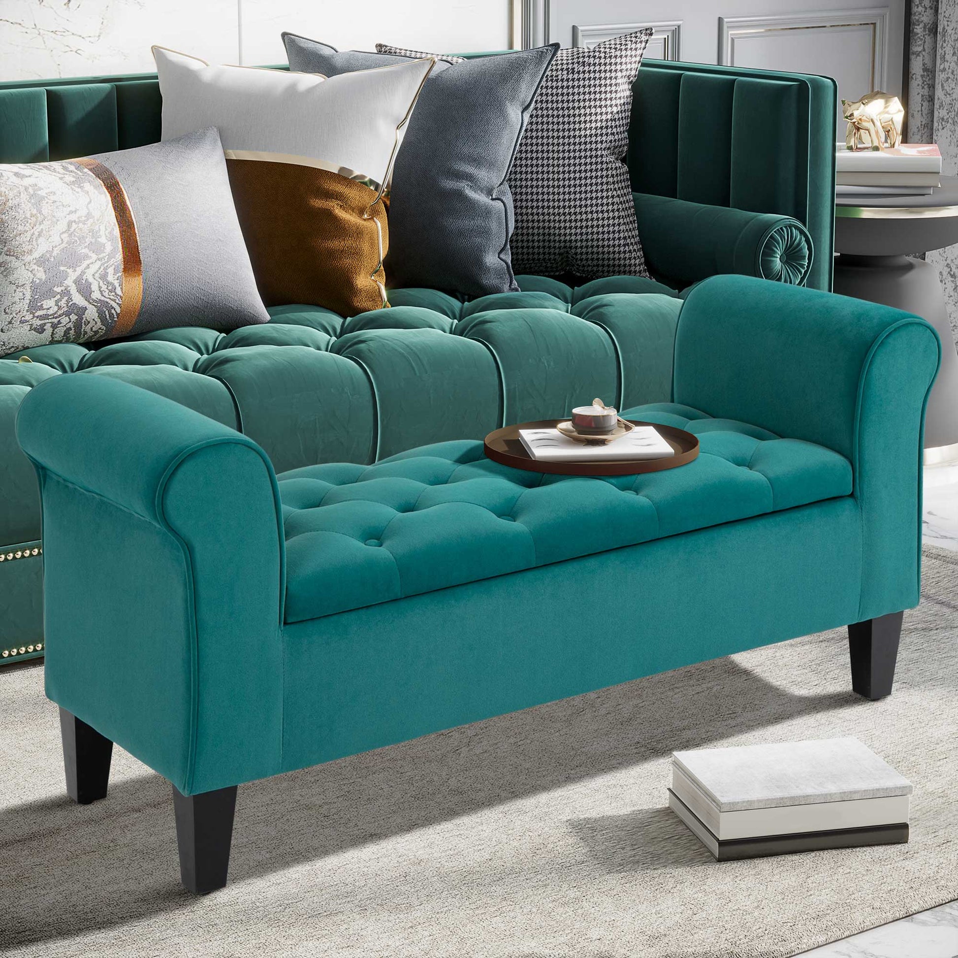 Homcom Button Tufted Storage Ottoman Bench, Upholstered Bench With Rolled Armrests For Living Room Or Hallway, Green Green Rubber Wood