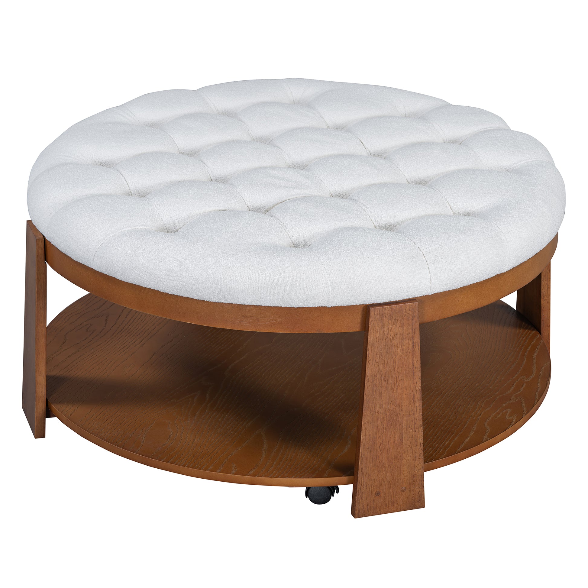 Modern Large Round Ottoman Coffee Table 2 Tier Oversized Button Tufted Ottoman With Wood Shelf Storage Upholstered Coffee Table For Living Room Footrest Ottoman With Wheel, Waterproof Linen Ivory White Rubber Wood
