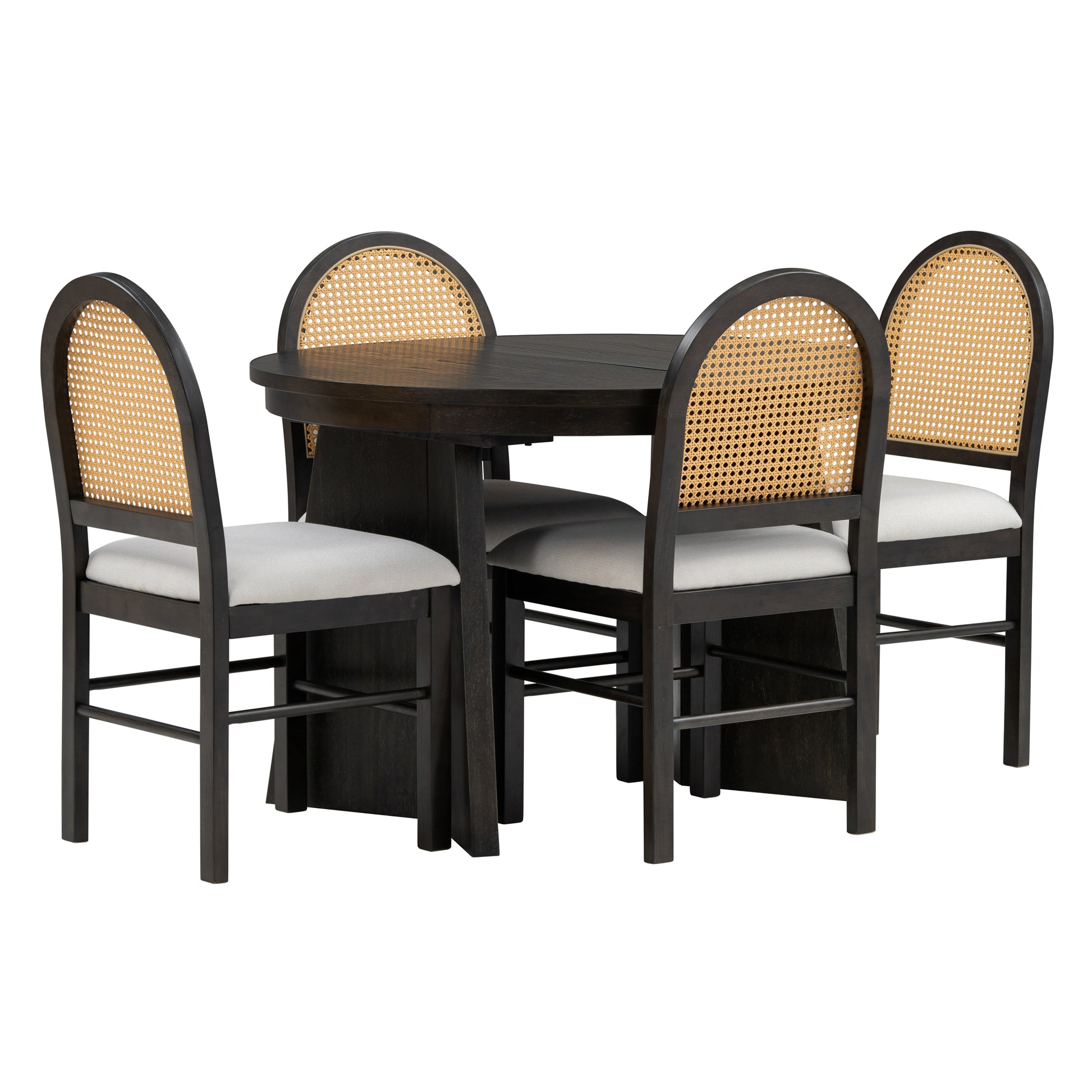 5 Piece Retro Functional Dining Set With 1 Extendable Dining Table And 4 Upholstered Chairs With Rattan Backrests For Dining Room And Kitchen Espresso Espresso Solid Wood Mdf