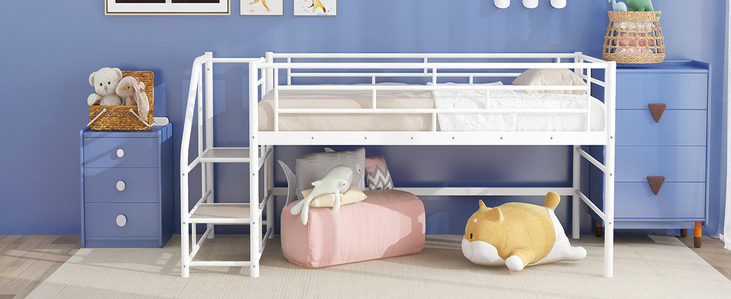Mid Loft Bed With Storage Stairs, Twin, White Twin White Mdf Metal