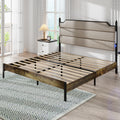 King Size Bed Frame With Upholstered Headboardqueen Bed Frame With Charging Station And Led Lights, Wood Slats, Easy Assembly,No Box Spring Needed,Industrial Brown Box Spring Not Required King Brown Metal Bedroom Bed Frame Mdf Metal