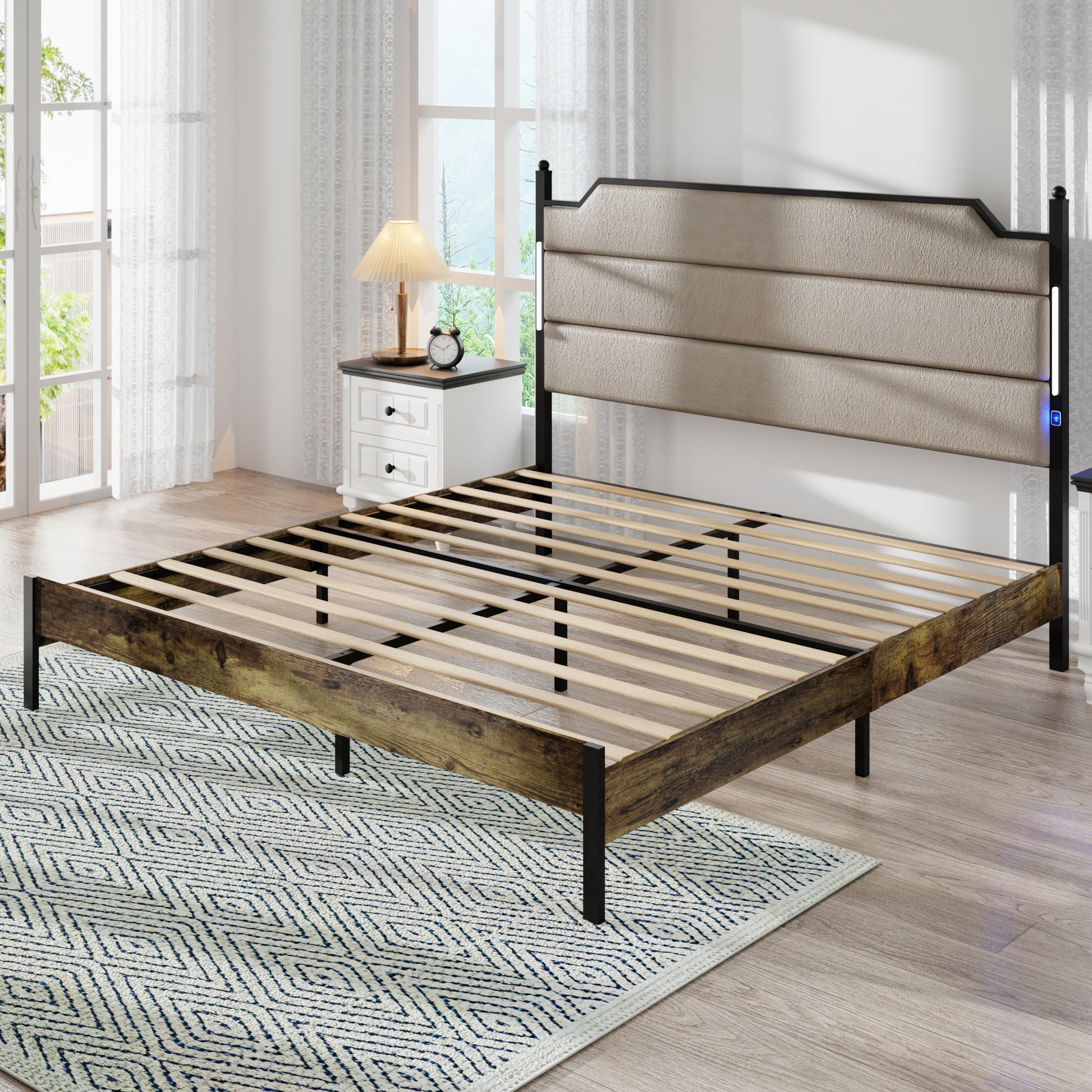 King Size Bed Frame With Upholstered Headboardqueen Bed Frame With Charging Station And Led Lights, Wood Slats, Easy Assembly,No Box Spring Needed,Industrial Brown Box Spring Not Required King Brown Metal Bedroom Bed Frame Mdf Metal