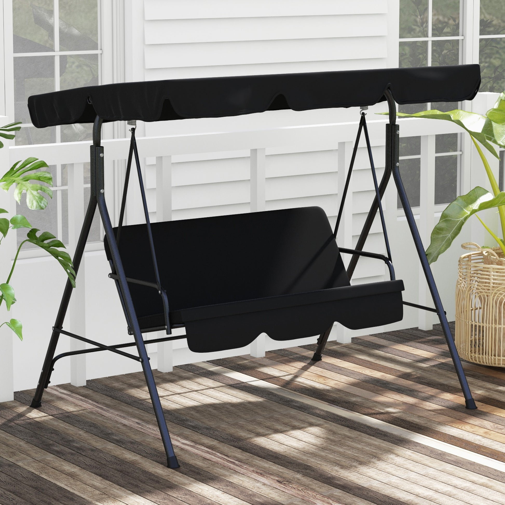 Outsunny 3 Seat Outdoor Patio Swing Chair With Removable Cushion, Steel Frame Stand And Adjustable Tilt Canopy For Patio, Garden, Poolside, Balcony, Backyard, Black 2 Black Steel