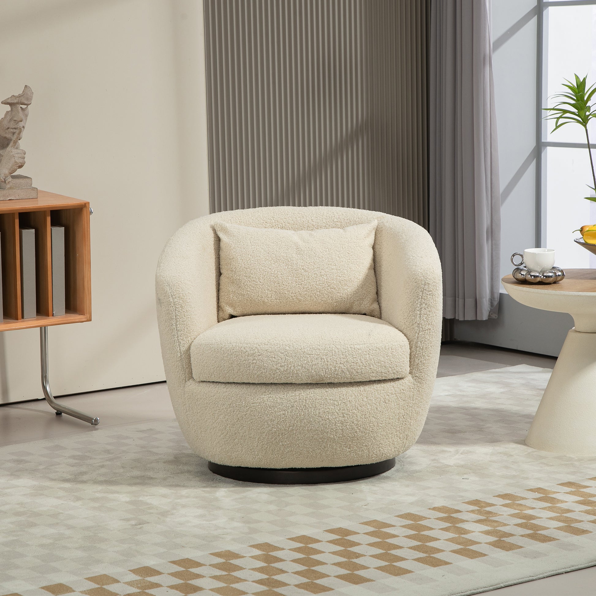 Upholstered Swivel Barrel Armchair With Storage Modern Living Room Side Chair For Bedroom Office Reading Spaces Teddy Fabric Beige Beige Foam Upholstered