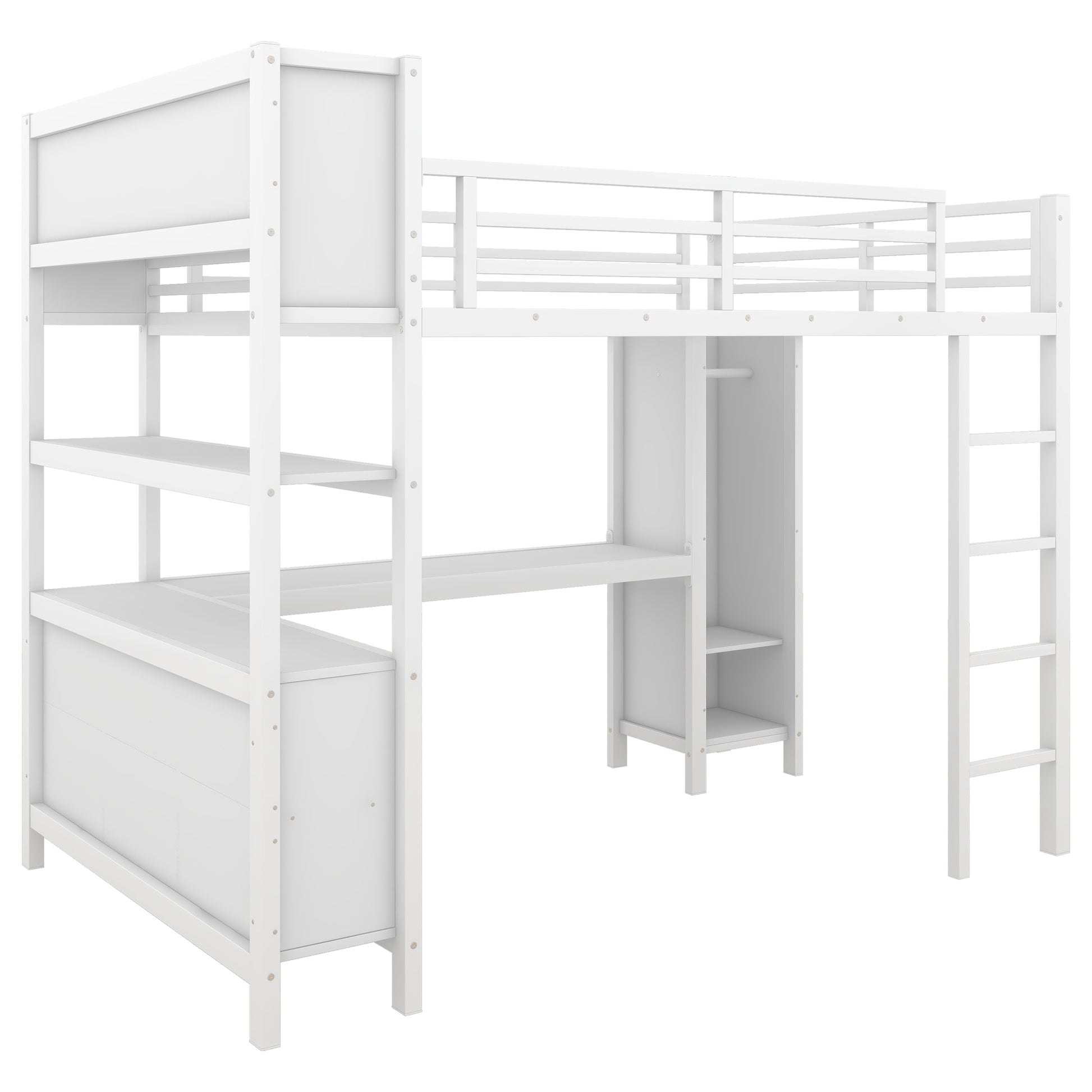 Metal Loft Bed With Wardrobe And L Shaped Desk, Full Size Loft Bed With Storage Cubes And Shelves, Heavy Duty Loft Bed For Kids Teens Adults, White Full Off White Metal