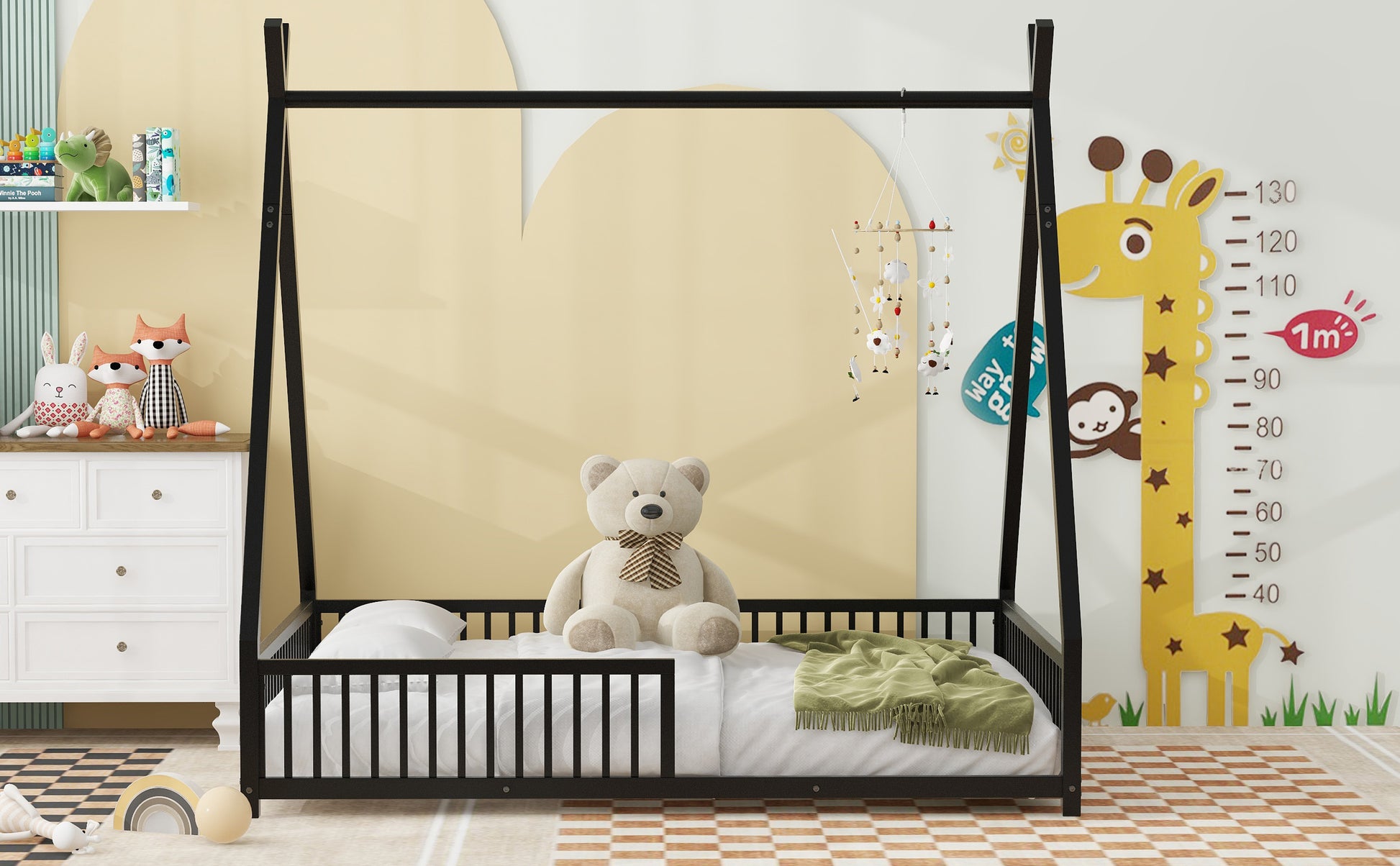 Metal Full Size House Platform Bed With Triangle Structure And Guardrail, Black Box Spring Not Required Full Black Metal Metal